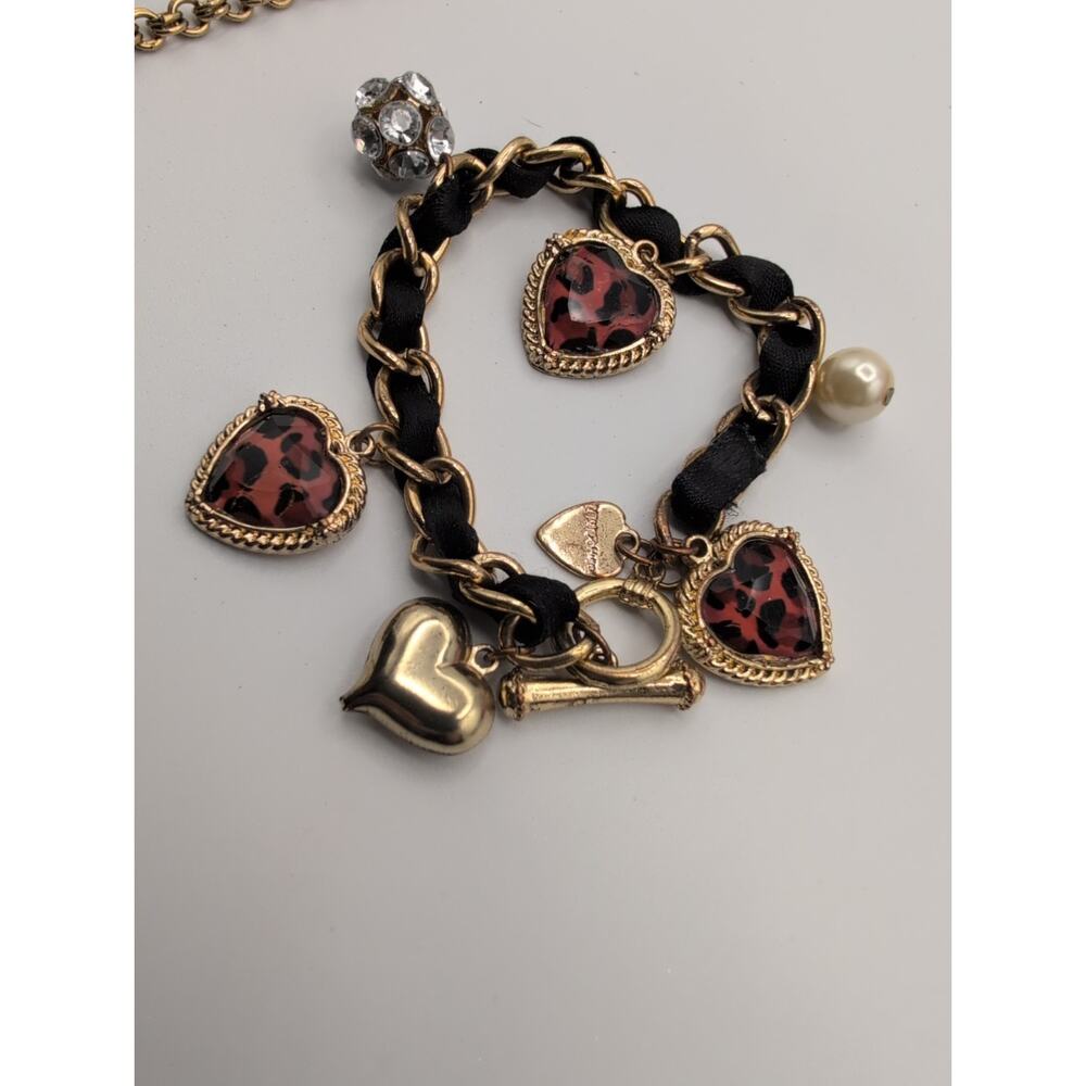 Betsey Johnson Black Ribbon Animal Print Heart Charm Toggle Bracelet